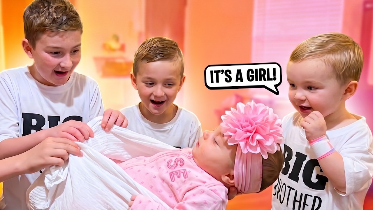 Three brothers surprised with newborn baby sister