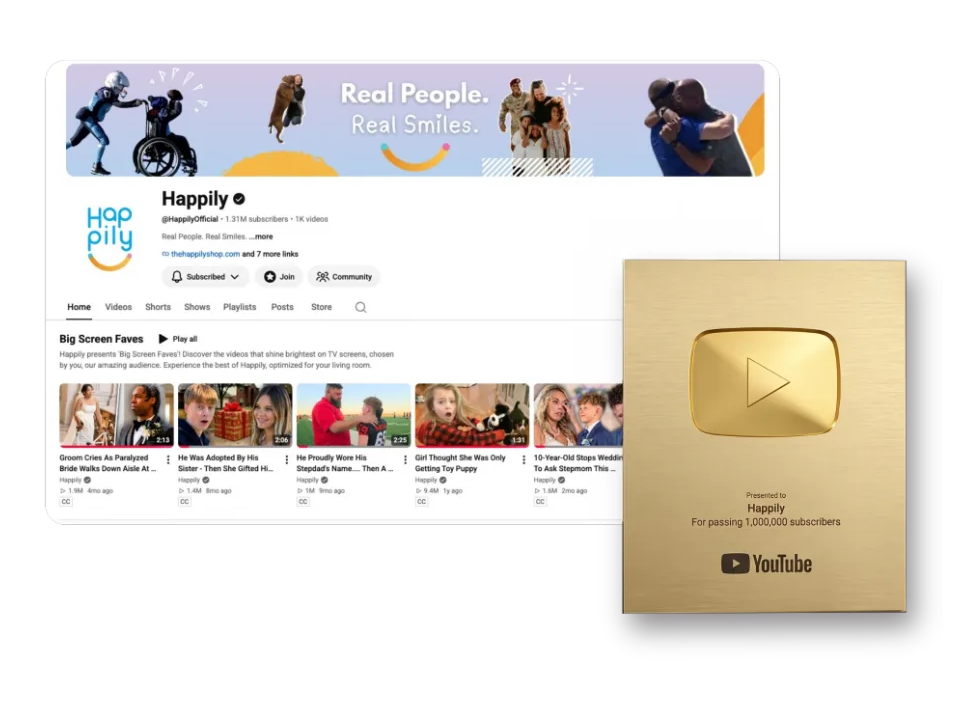 The Happily YouTube channel with its Gold Creator Award for passing 1,000,000 subscribers
